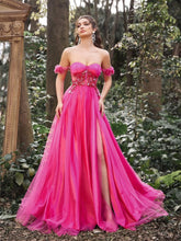 Gorgeous Off Shoulder Floral Applique Detail Bodice Split Tulle Prom Dress - Elonnashop